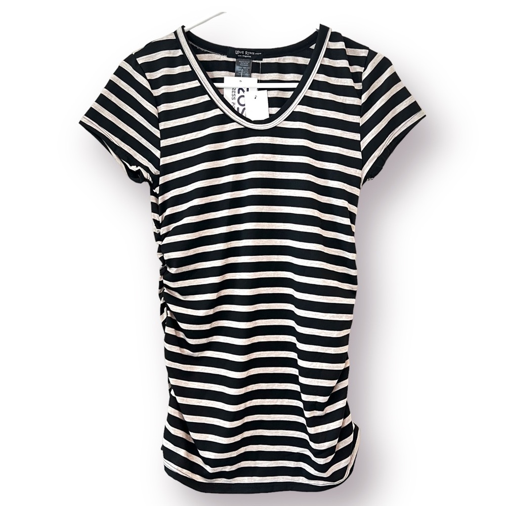Love Ryan Striped Black Cream Ruched Sides Body-con Fitted Mini T-Shirt Dress